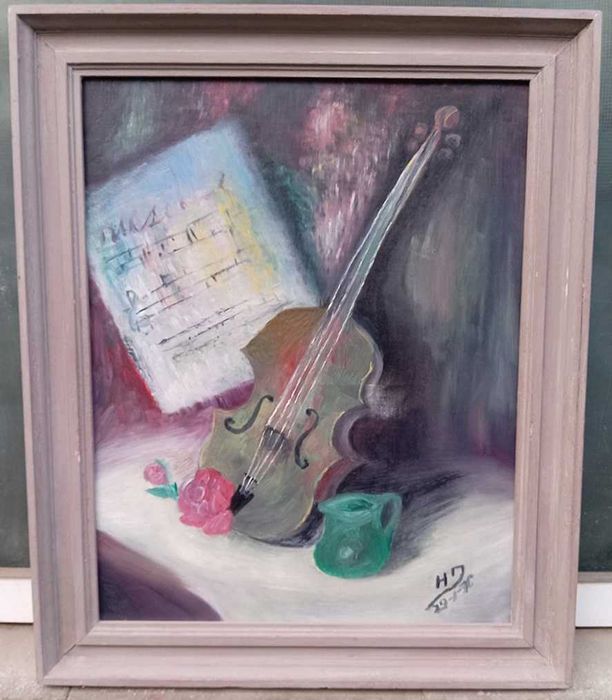 Tablou vechi - natura statica cu vioara - semnat si datat