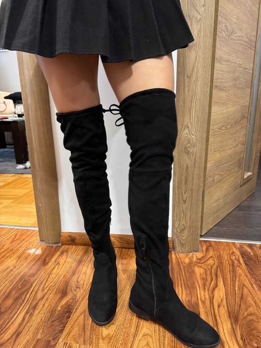 Велурени дамски чизми над коляното с равна подметка, 38 номер