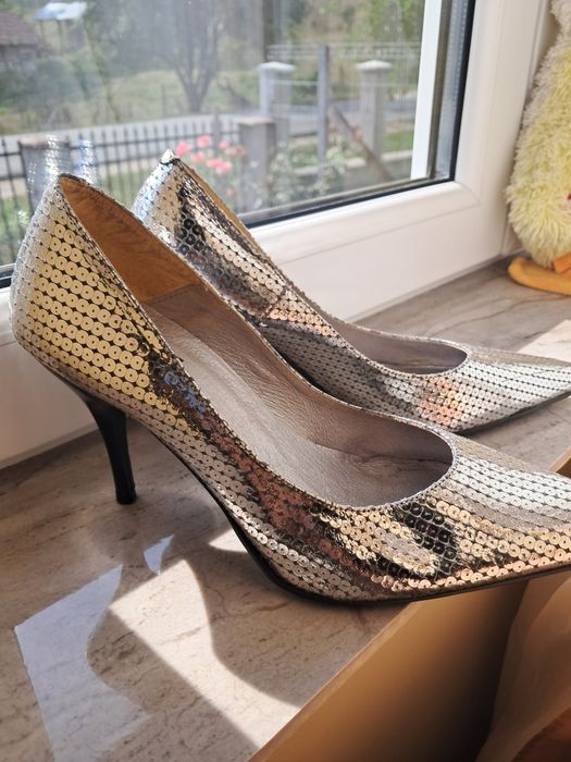 Pantofi stiletto argintii gri cu paiete BOSSI SBT BOSSI (Made in Spain) mărimea 39 (recomandat 38)
