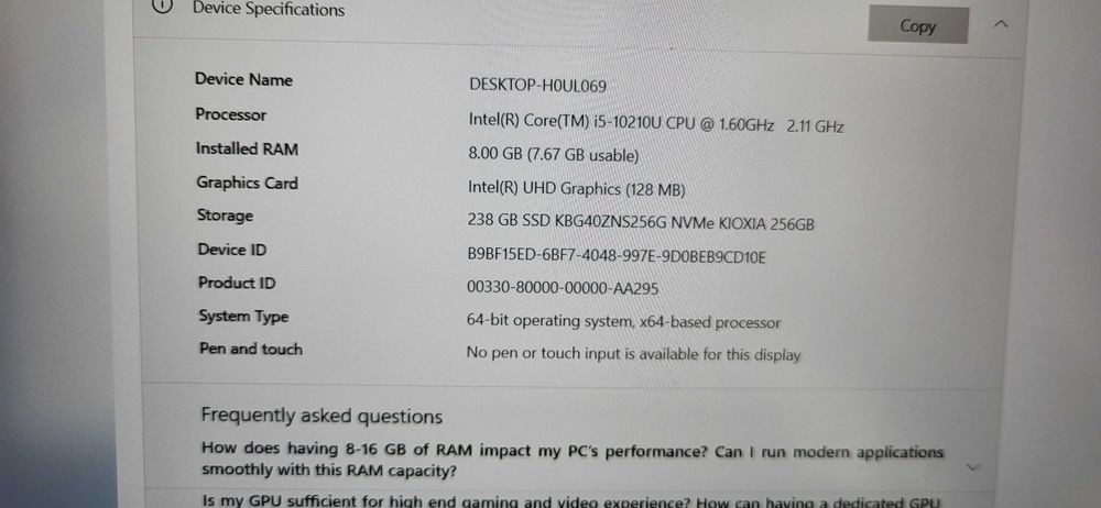 Dell LATITUDE 7310 i5 10210U 8Gb Rami intel