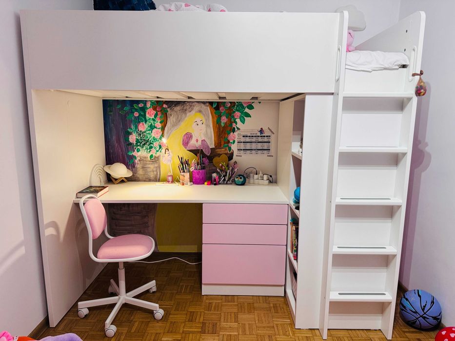 Pat copii supraetajat Ikea - set cu dulap, birou, saltea si scaun