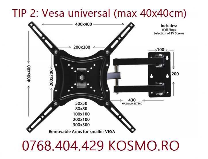 Suport TV perete universal Stativ televizor brat flexibil pivotant45cm