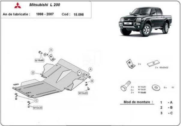 Scut motor metalic pentru Mitsubishi L200 1998-prezent - otel 2.5-3mm