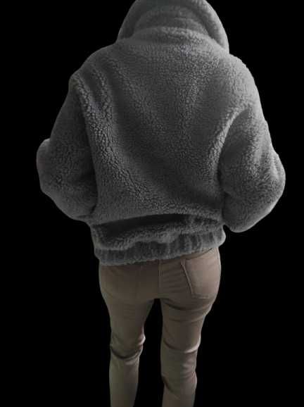 Дамско пухкаво късо сиво палто, размер - XS-S-M