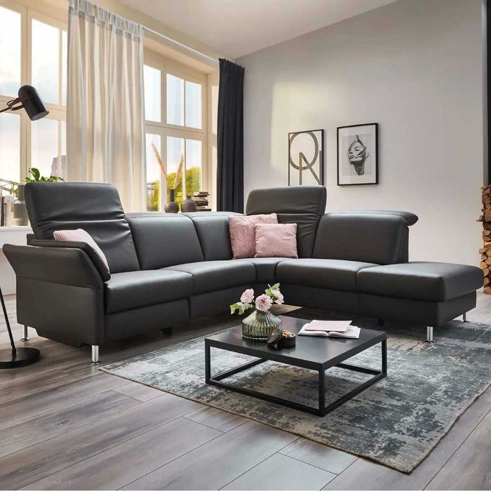 Canapea tip coltar din piele cu recliner extensibil electric