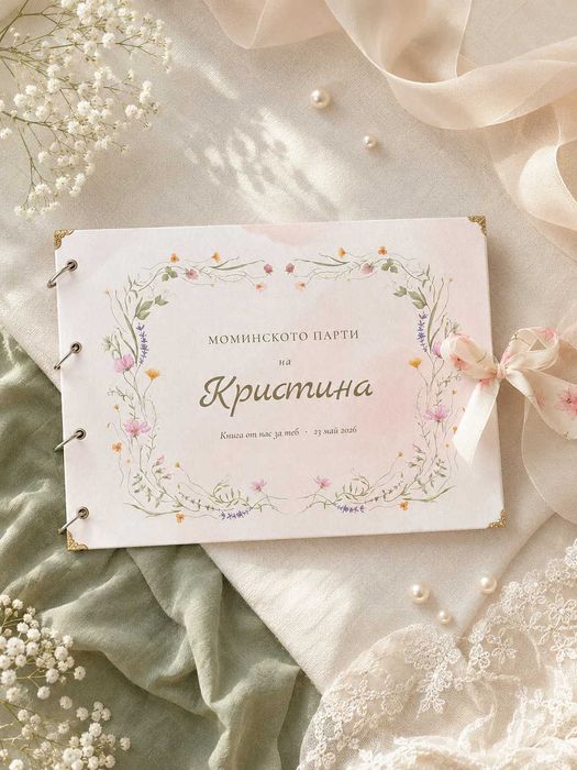 Подаръчна книга за моминско парти, която събира смях, думи, снимки и спомени от вечерта