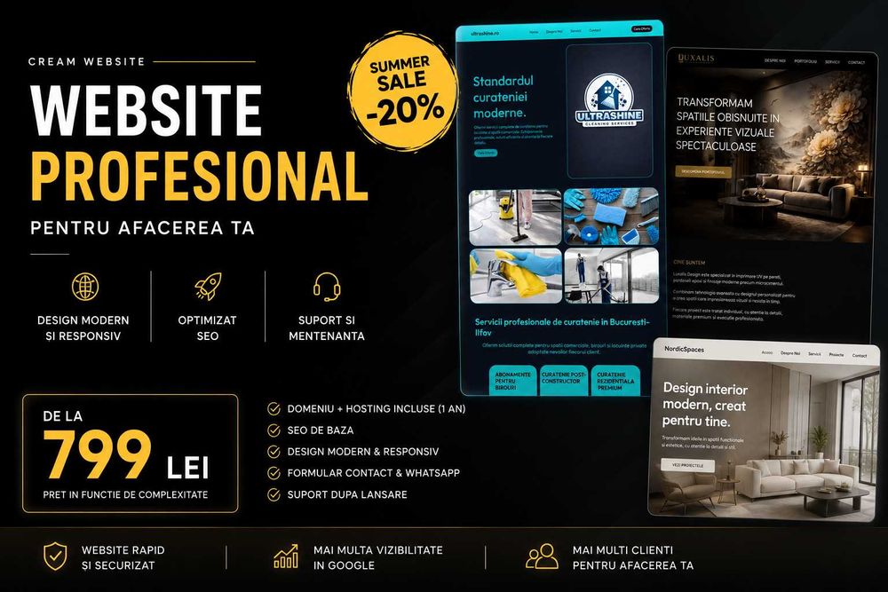 Website-uri profesionale pentru afaceri, persoane autorizate și profesioniști din diverse domenii. SUMMER SALE - 20% REDUCERE