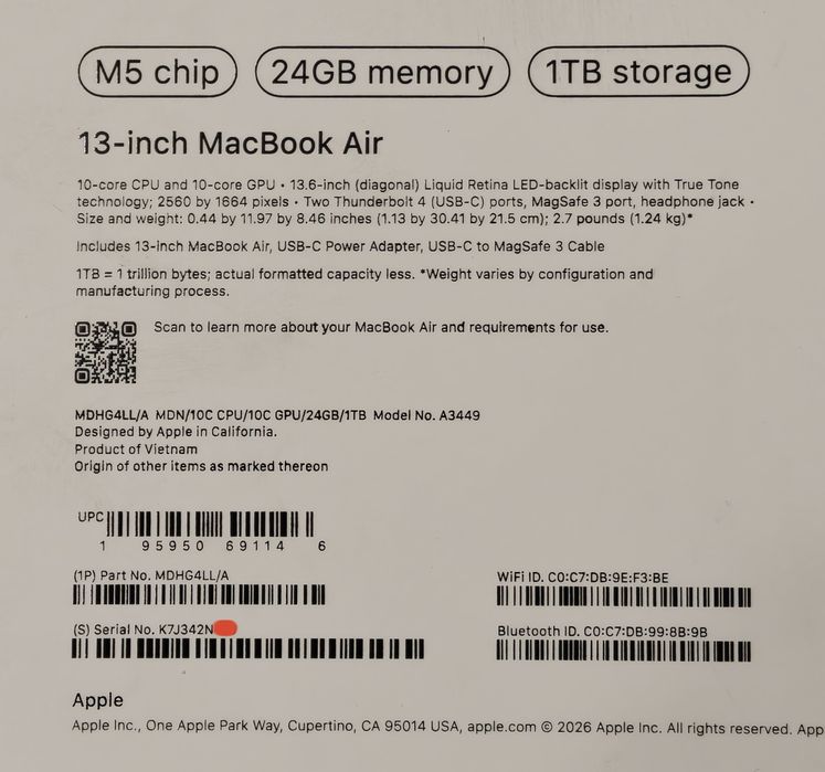MacBook Air 13 M5 24/1TB 10 циклов