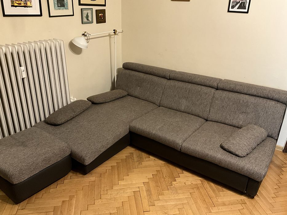 Разтегателен диван с лежанка, функция сън и табуретка - ракла