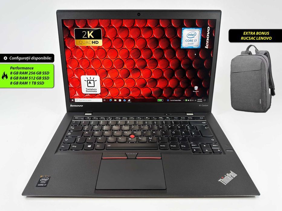 Laptop Lenovo Thinkpad X1 Carbon G3 Intel i7 8 gb ram 128 gb ssd Ecran 14 inch Rezolutie 2K Design ultraslim Gama business Factura si Garantie 1 an