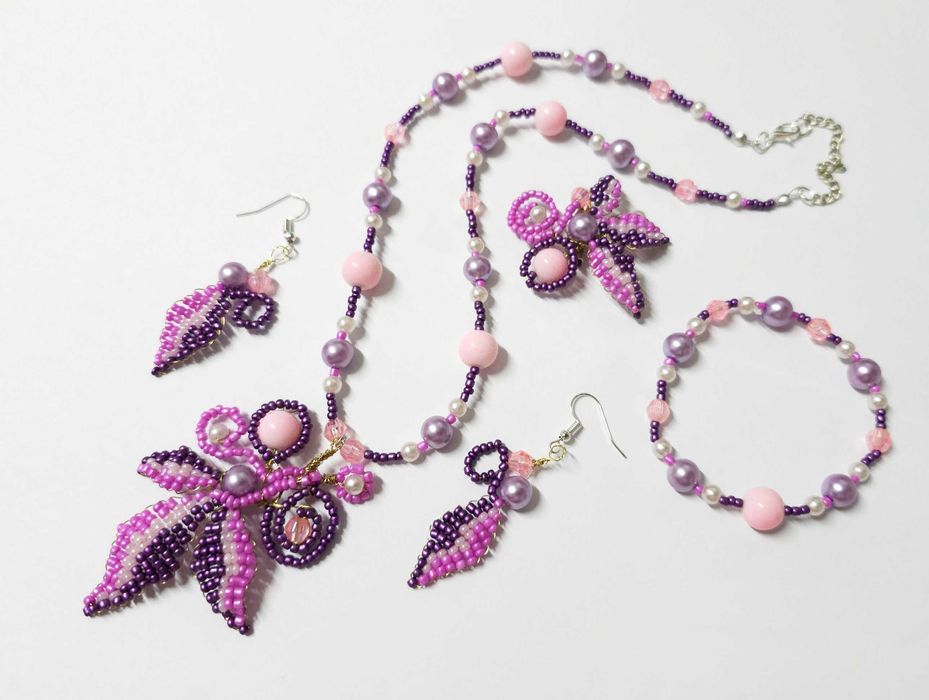 Reducere! Set bijuterii handmade Fantezie, mov roz, 4 piese, margele
