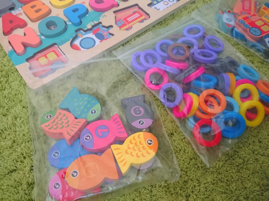 Дървена образователна игра азбука, цифри, магнитни рибки Монтесори