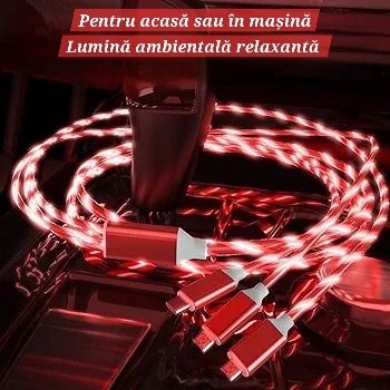 Cablu încărcare 3in1 Luminos. UsbC/IOS/Micro. Efect Valuri. Auto/Casă.