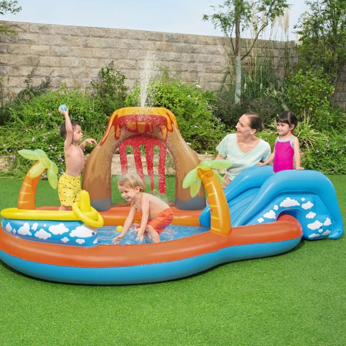 Голям детски надуваем аквапарк Bestway Lava Lagoon - Пързалка, фонтан, и улеи за топки 265x265 см