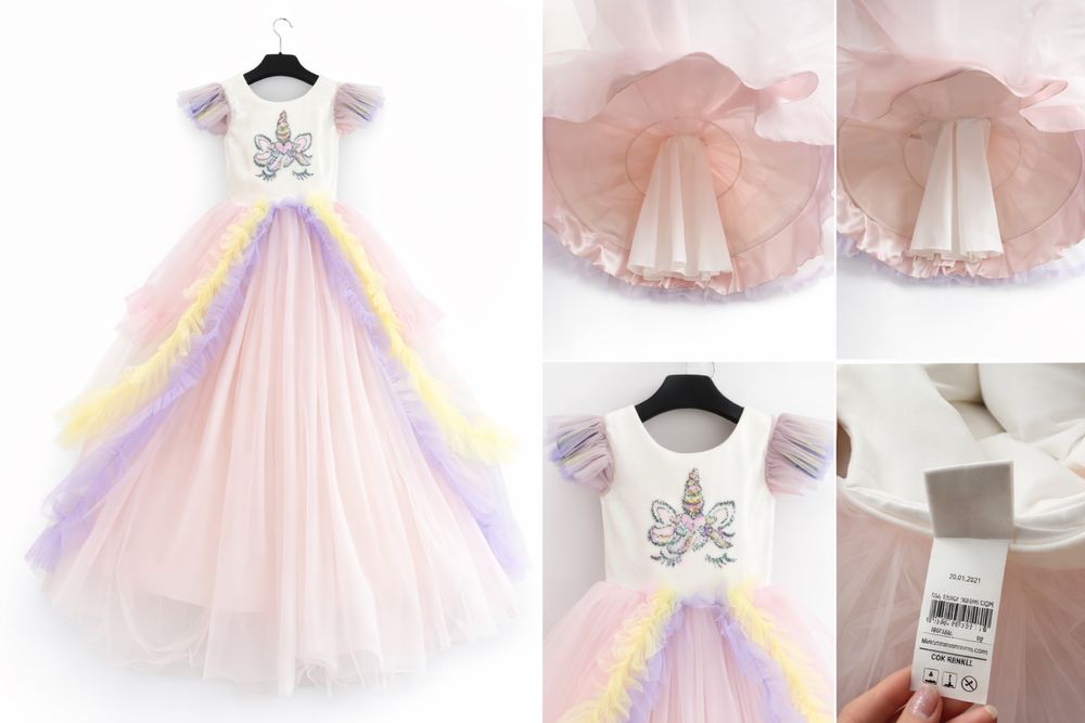 Уникална рокля еднорог с обръч 122см