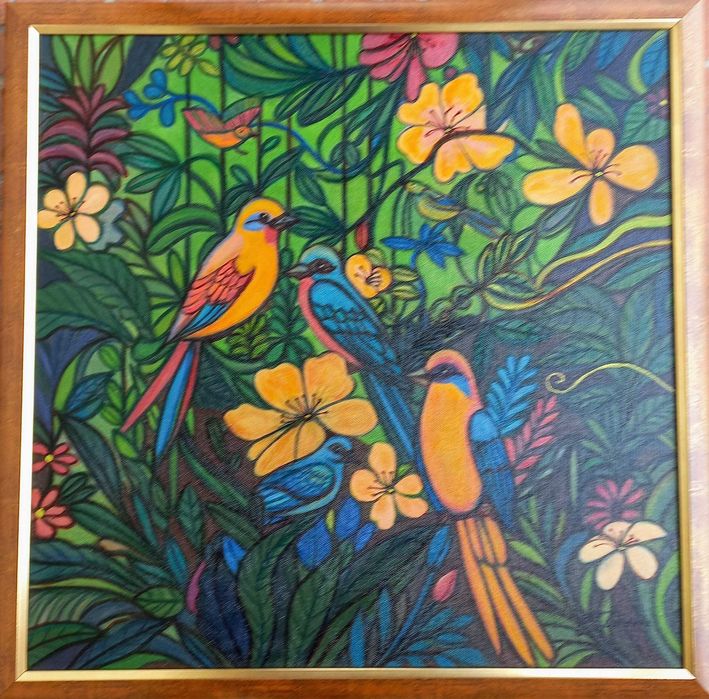 Tablou pictat manual pe pânză "In jungla ", 50x50 cm cm