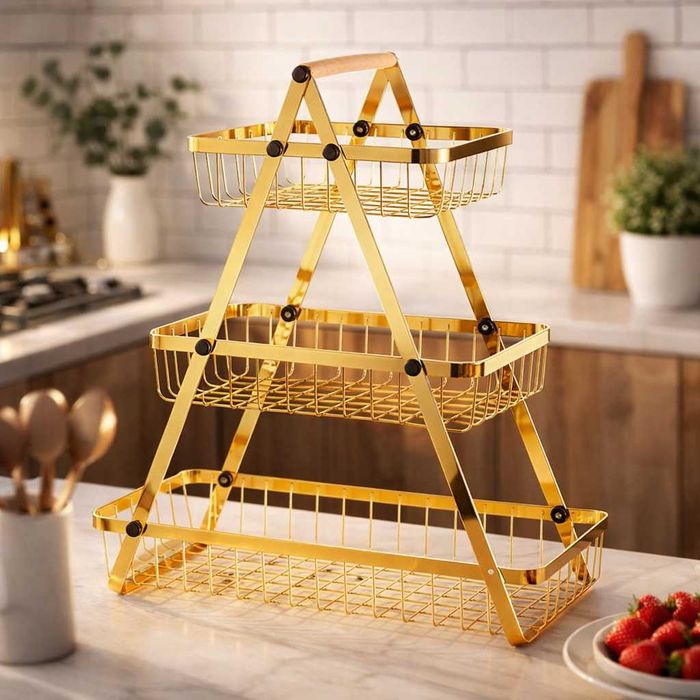 Триетажна метална поставка за плодове Cheffinger – златист дизайн