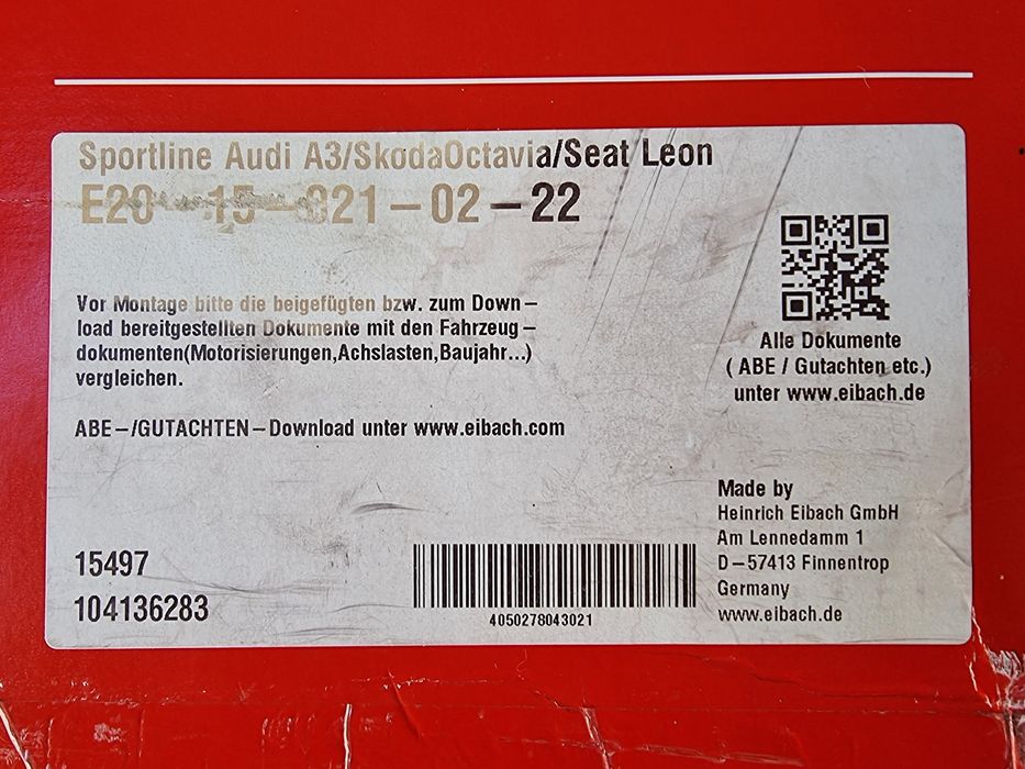 Спортни пружини оригинални немски Eibach за Ауди А3 ,VW,Seat Leon,Шкод