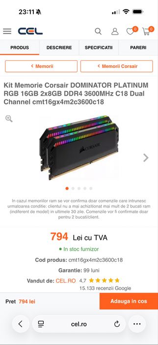 Corsair Dominator Platinum RGB 3600mhz CL18 16GB, 2x8GB