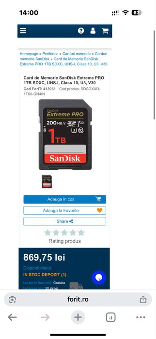 Card memorie sandisk extreme pro 1tb sdxc u3 v30 nou sigilat original