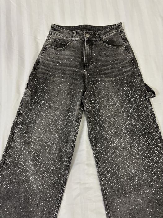 Blugi Wide Leg cu strasuri | M | Talie înaltă | Statement