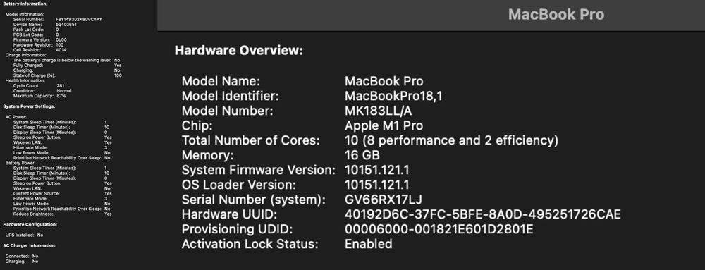 Macbook Pro 16" M1 Pro 16gb 512SSD (10 CPU, 16 GPU) 281 cycle 87%