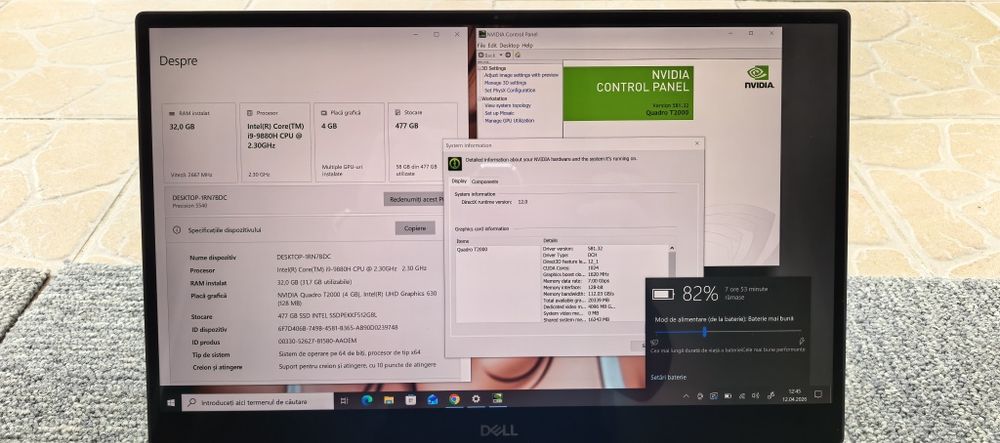 Laptop Dell 5540_Ecran 4K Touch---i9 9880H----32GB DDR4----Nvidia T2000 Quadro 4GB-----10/10 Estetic si Functional // Full METAL