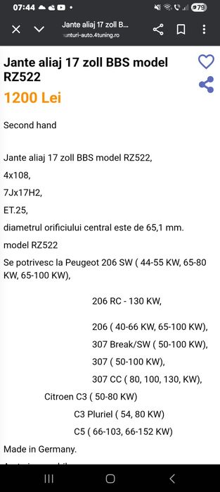Set jante Peugeot R17 206,307 Citroen c3,c5 4x108
