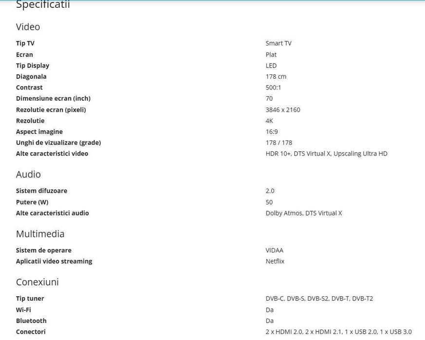 Televizor LED Smart HISENSE 70A6K, UltraHD 4K, HDR, 178 cm, Clasa G,