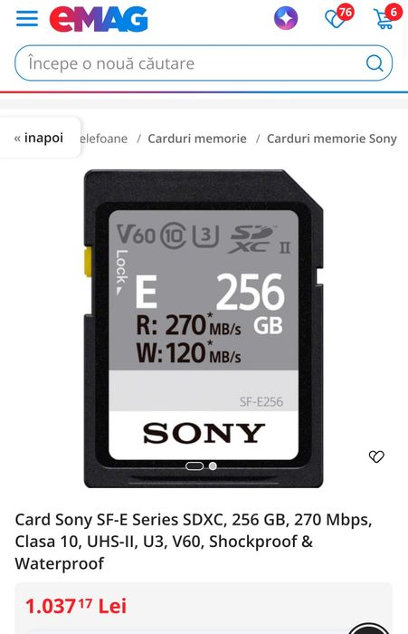 Card Sony SF-E Series SDXC, 256 GB, 270 Mbps, Clasa 10, UHS-II, U3, V60