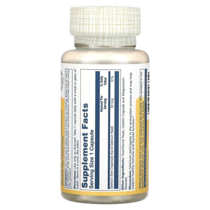 Селен, Solaray, Selenium 50 мкг 100 vegan caps