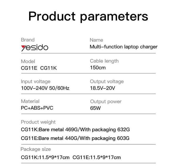 Yesido CG11E 65W 15в1 Универсальное зарядное устройство для ноутбуков