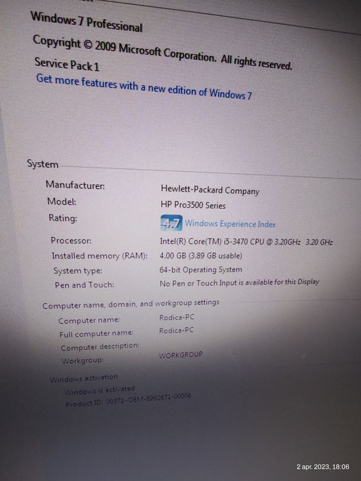 PC  Intel i 5, HP. pro 3500 series.