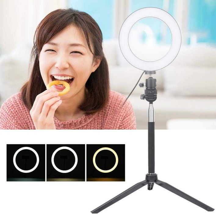 USB LED ринг лампа Tosuny 6 инча / 16 см с мини статив и селфи стик