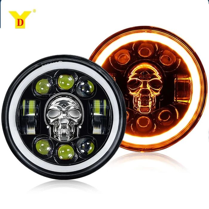 Faruri LED 7 inch 18cm 120W 18000LM Skull Cap Schelet RGB DRL Semnalizare Galbena Offroad Moto