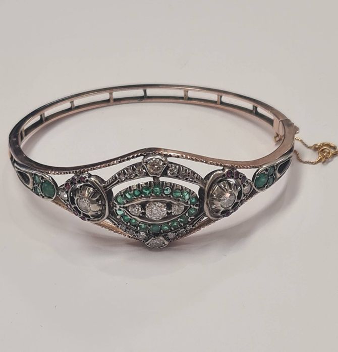 Bratara din aur roz 9k si argint, cu smaralde naturale, rubine