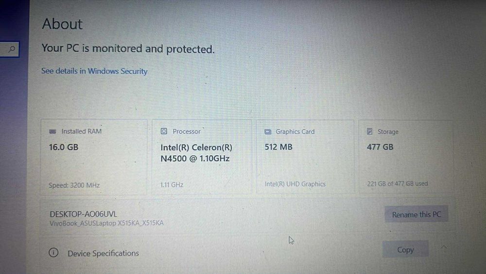 vand Asus intel r celeron r n4500 cpu 1.10 ghz 1.11 ghz  16 gb ram