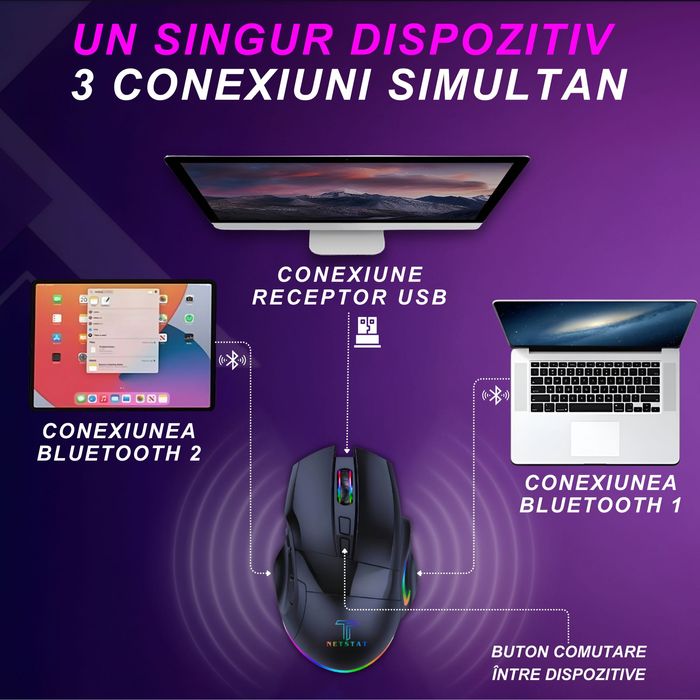 Mouse Gaming NETSTAT,2 Conexiuni BT + 2,4Ghz, RGB, Negru, Nou Sigilat.