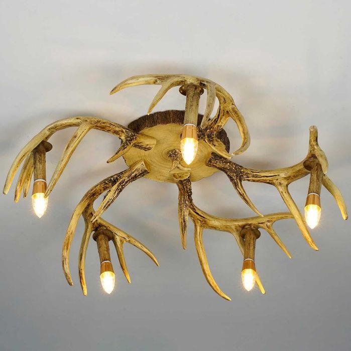 Таванна лампа полилей 5 лампи от еленови рога рустик селски