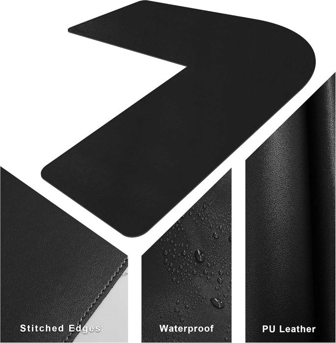 Desk Pad Birou Colț L-Shape, Piele Ecologică, 140x160cm, Negru, NOU