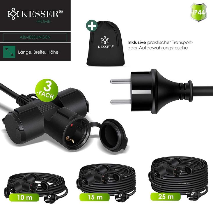 KESSER® Удължителен кабел 15m многощепсел с 3 x Schuko
