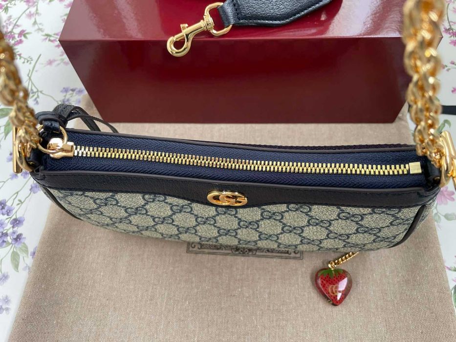 Оригинална Чанта Gucci Ophidia Синя Кожа Бежов Canvas Гучи Златно Gold GG Лого и Синджир