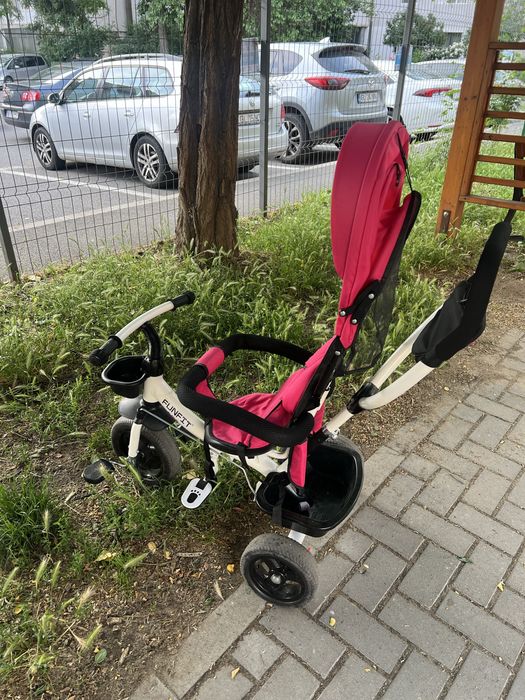 Tricicletă roz mâner de împingere, gentuță și coș