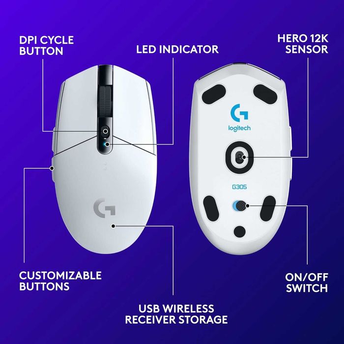 Безжична геймърска мишка Logitech G305 Lightspeed (Бяла) - Hero Sensor