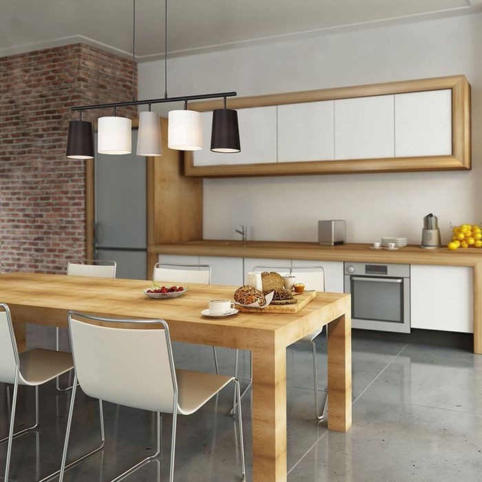 Висящ,линеен полилей с текситлни абажури 5 крушки