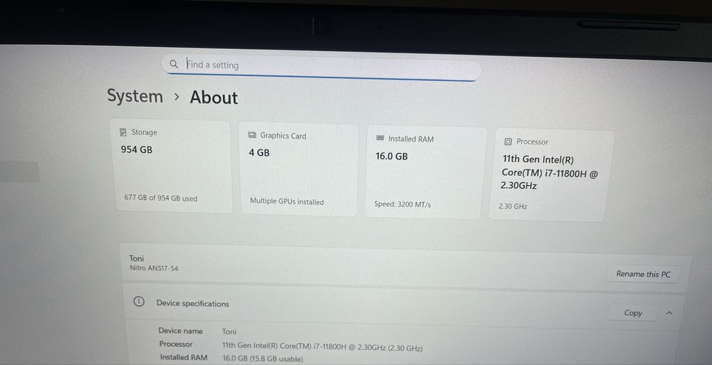Геймърски лаптоп Acer Nitro 5 Intel i7-11800H RTX 3050 TI 16 GB ,1 TB
