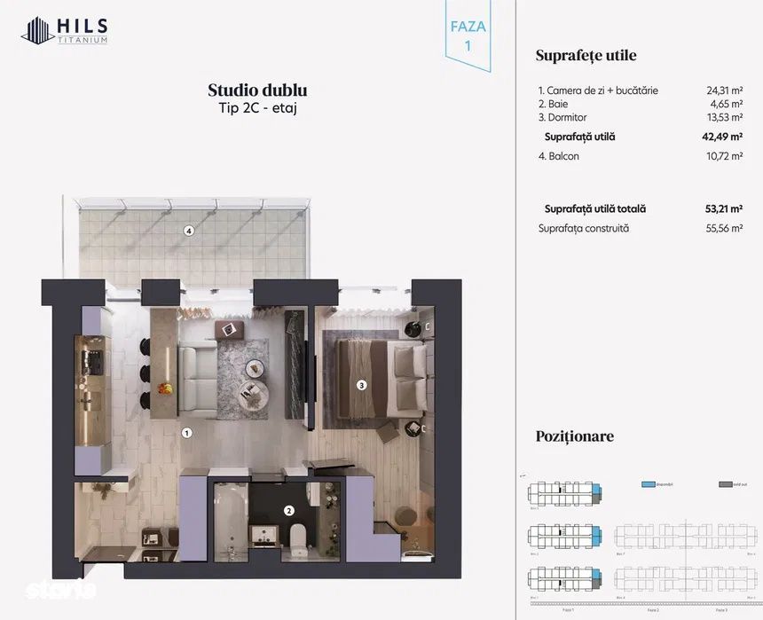Apartament 2 Camere / Hils Titanium /CT, AC, Parcare, 500 m Metrou Tec