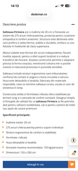 Saltea BEDORA FIRMORA POCKET, ortopedica 120x200 (NOUĂ)