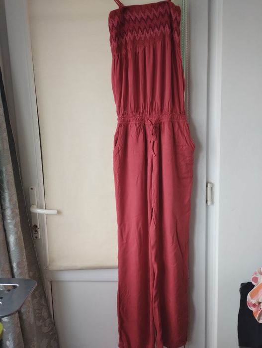 Salopeta vara rosu cărămiziu Xside,bust încrețit cu elastic,pantalon cu croiala larga