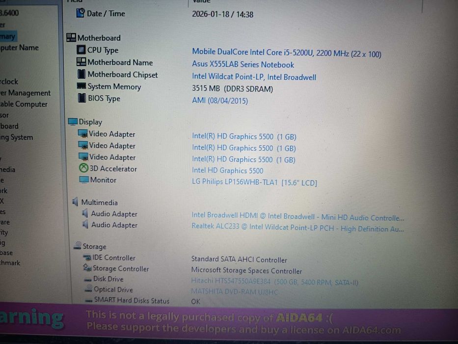 Laptop asus R556L, Core i5 5200u, ram 4gb, hdd 500gb, baterie buna